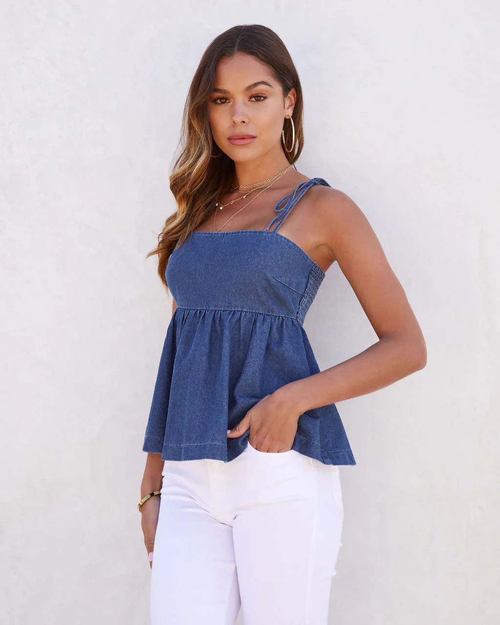Nelly Denim Shoulder Tie Babydoll Top