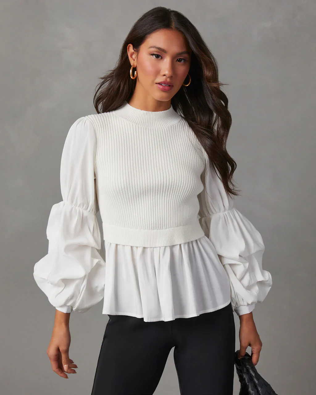 All The Best Contrast Knit Puff Sleeve Top