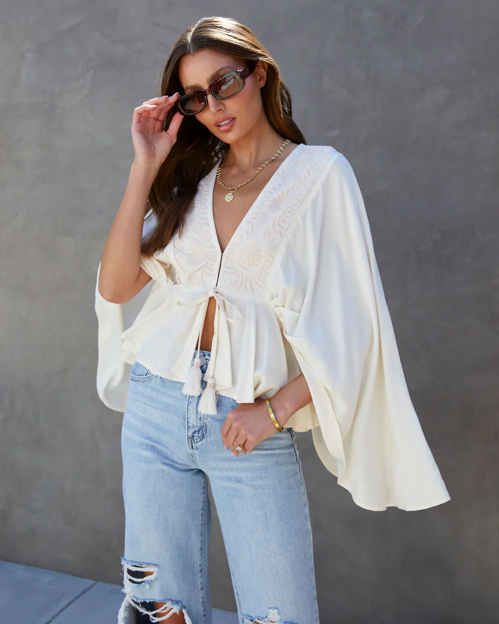 Noelle Embroidered Cape Sleeve Top