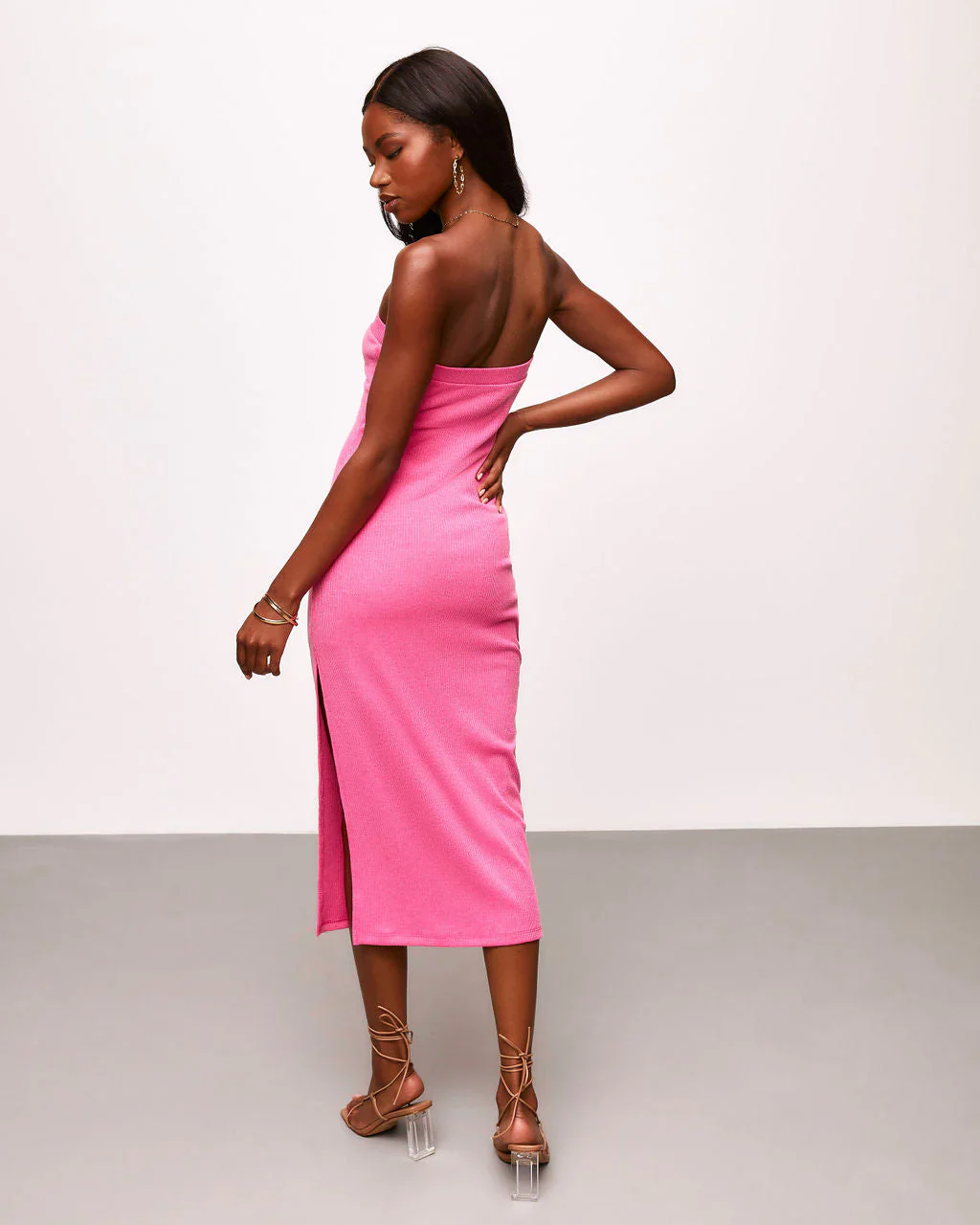 Becks Ribbed Strapless Side Slit Midi Dress