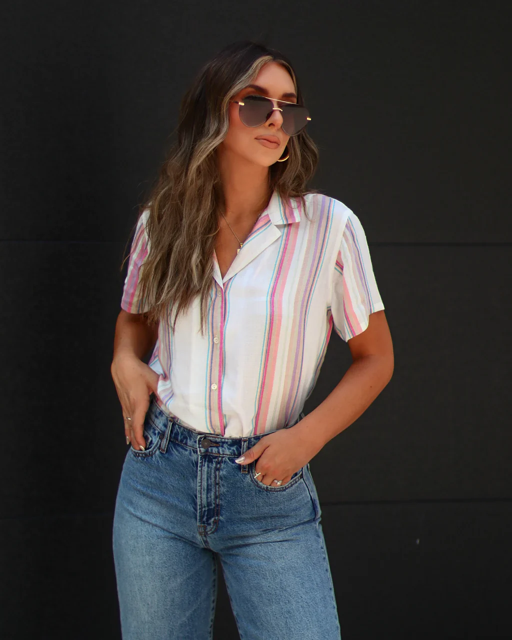 Deziree Striped Short Sleeve Button Up Top