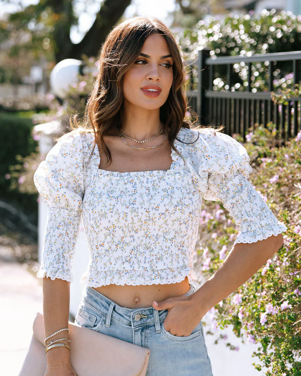 Spring Meadow Cotton Floral Smocked Top