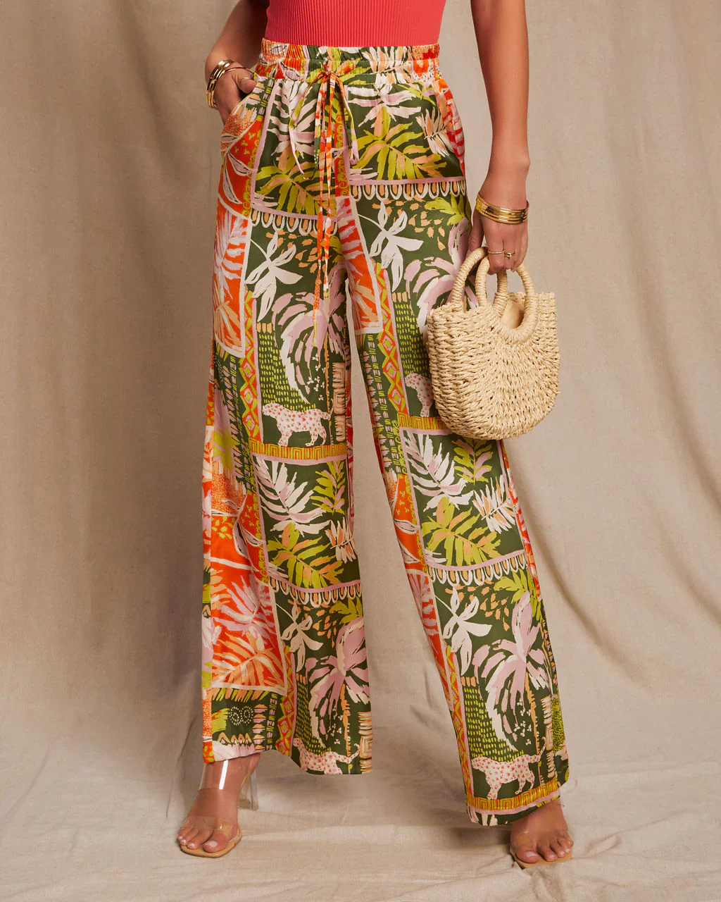 Ibiza Pocketed Satin Tropical Wide Leg Pant