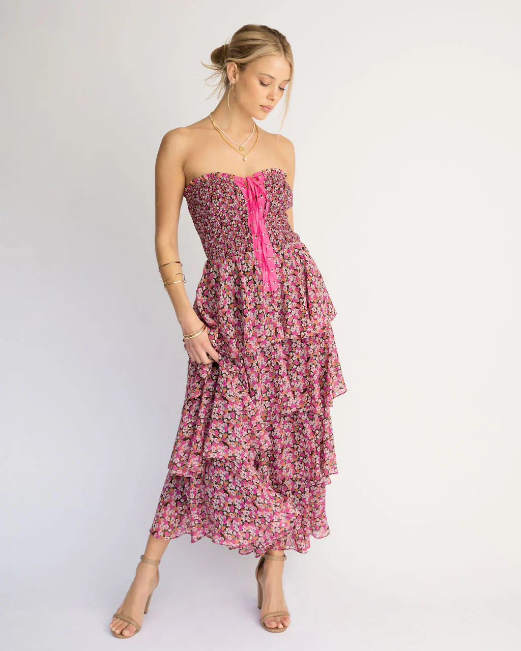 La Vida Strapless Corset Floral Tiered Midi Dress