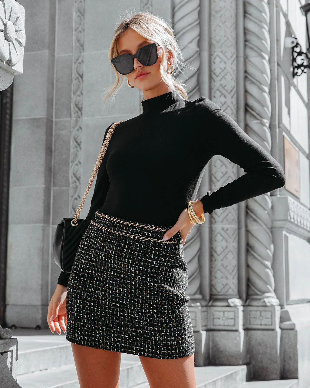 Boldly Elegant Tweed Chain Mini Skirt