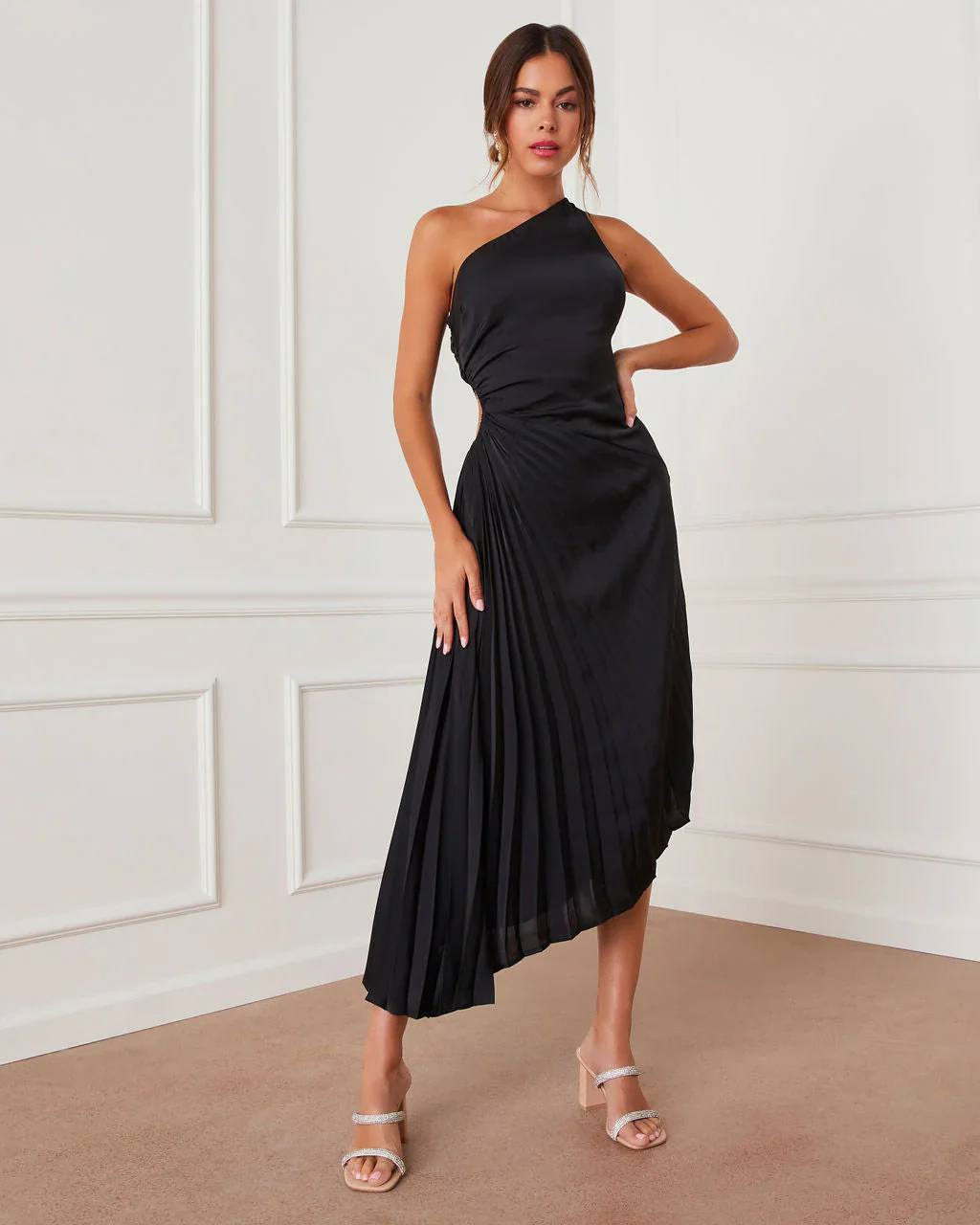 Coda Satin Side Pleated Cutout Midi Dress