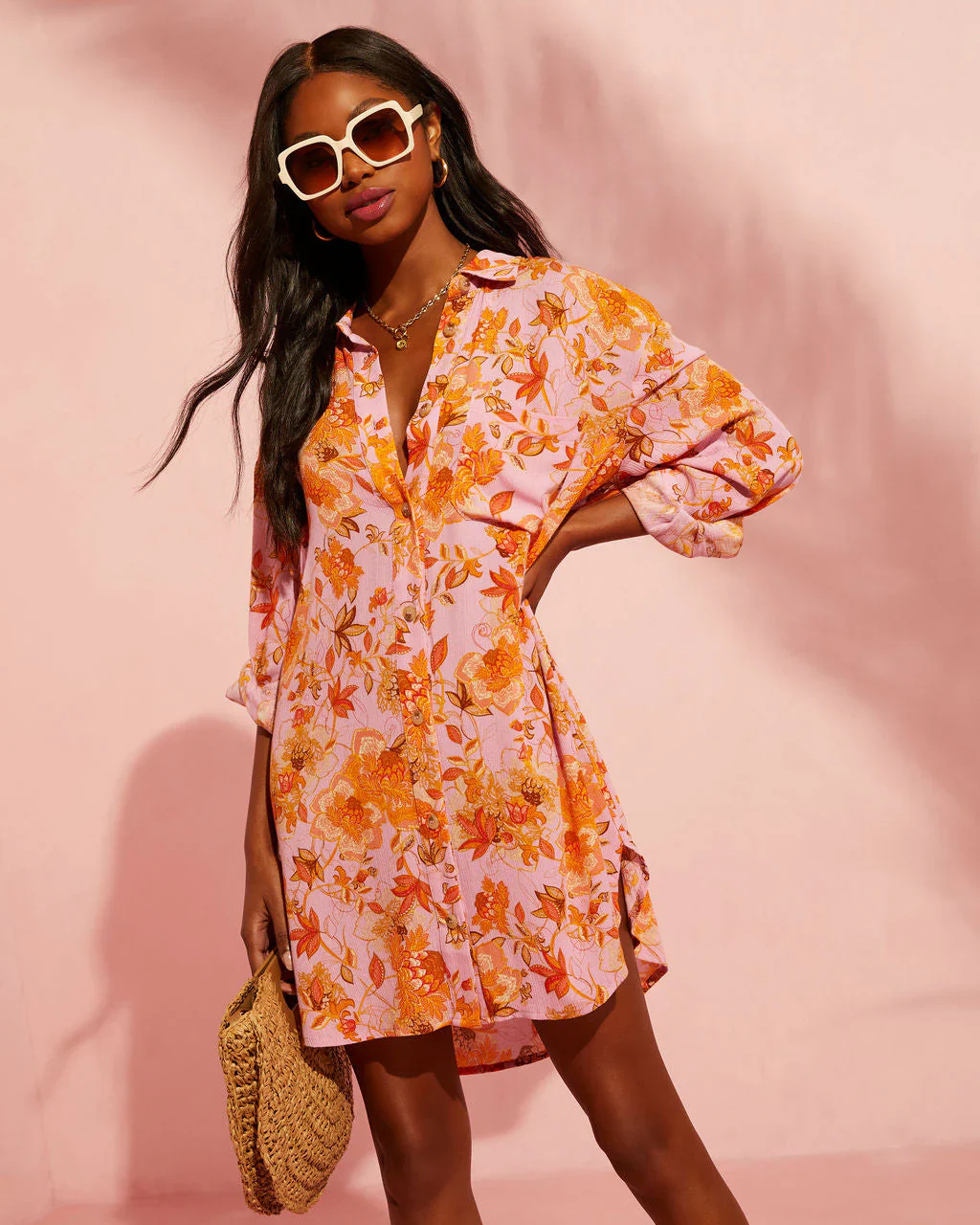 Queen Retro Floral Printed Shirt Dress