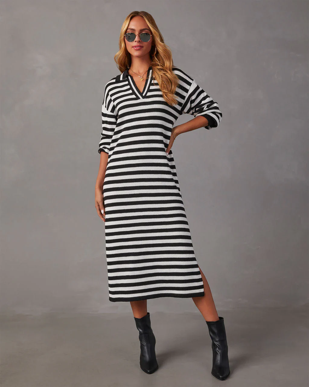 Pasqual Striped Collared Knit Midi Dress