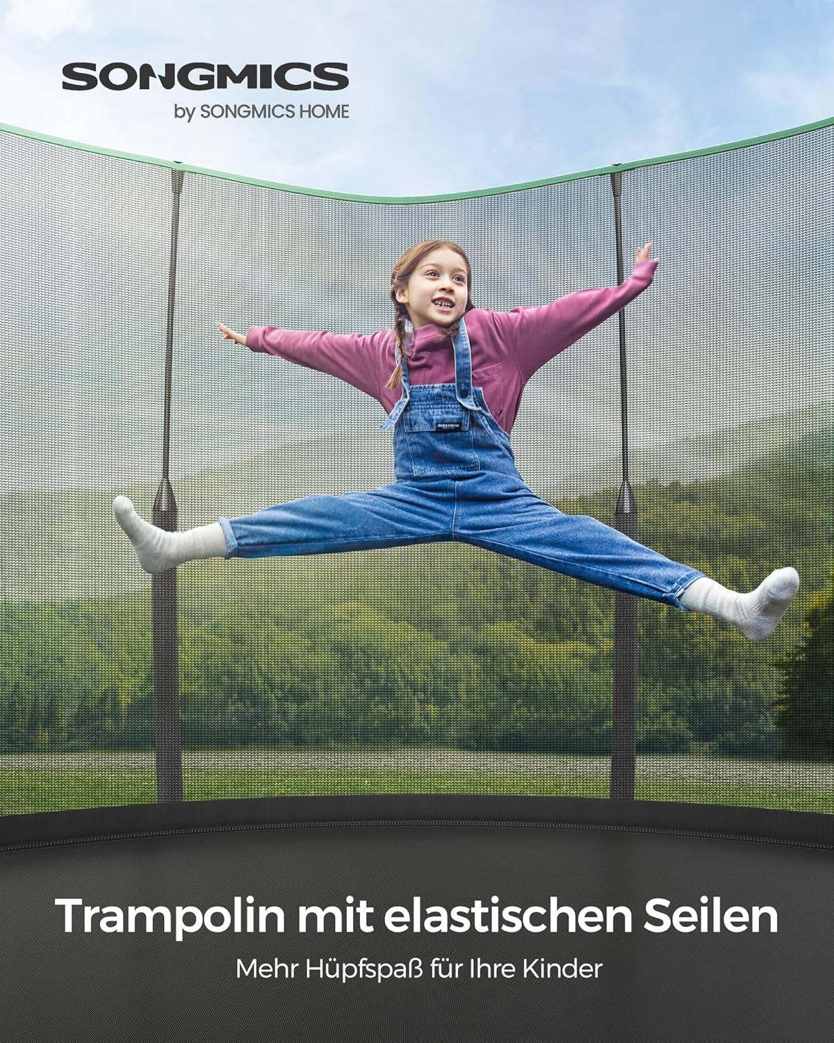 SONGMICS Federloses Trampolin Ø 366 cm, Trampolin Outdoor für Kinder, elastische Seile, Sicherheitsnetz mit Reißverschluss, Glasfaserstangen, sicher, geräuscharm