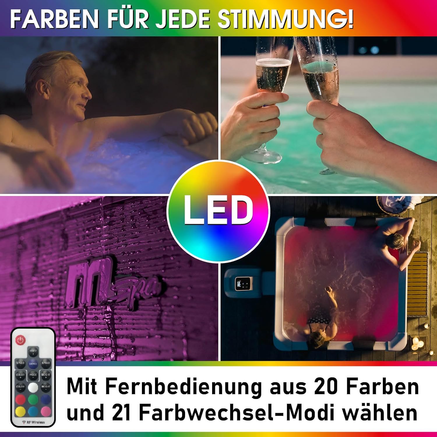 BRAST® Whirlpool MSpa Oslo Plus XXL with Fixed Outer Wall LED Lighting 20 Adjustable Colours for 6 People 180 x 180 x 65 cm