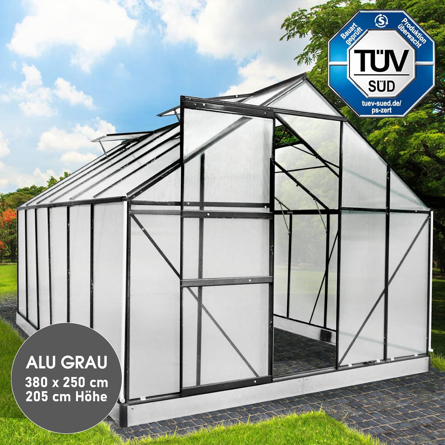 BRAST Aluminium Greenhouse with Base 380 x 250 x 205 cm, TÜV Tested, 6 mm Hollow Chamber Panels, Rustproof/Weatherproof/Temperature-Resistant