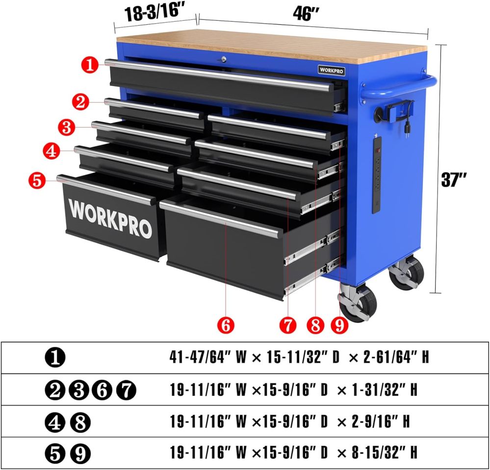 WORKPRO 46-Inch 9-Drawers Rolling Tool Chest, Mobile Tool Storage Cabinet with Wooden Top, Equipped with Casters, Handle, Drawer Liner, and Locking System, 1200 lbs Load Capacity