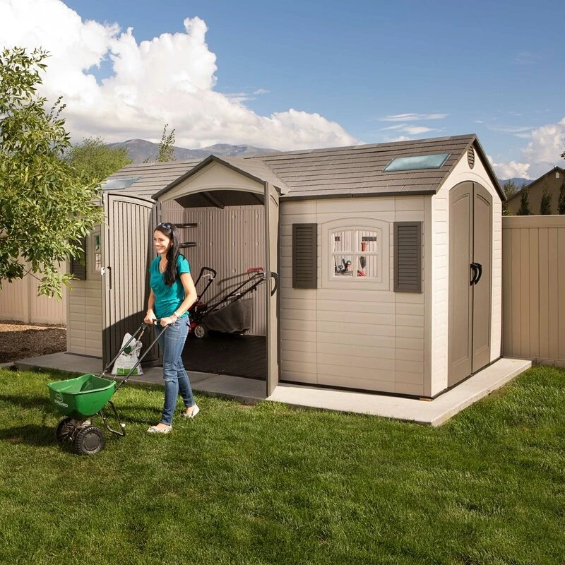 Double entry 15' wide x 8' deep plastic storage shed