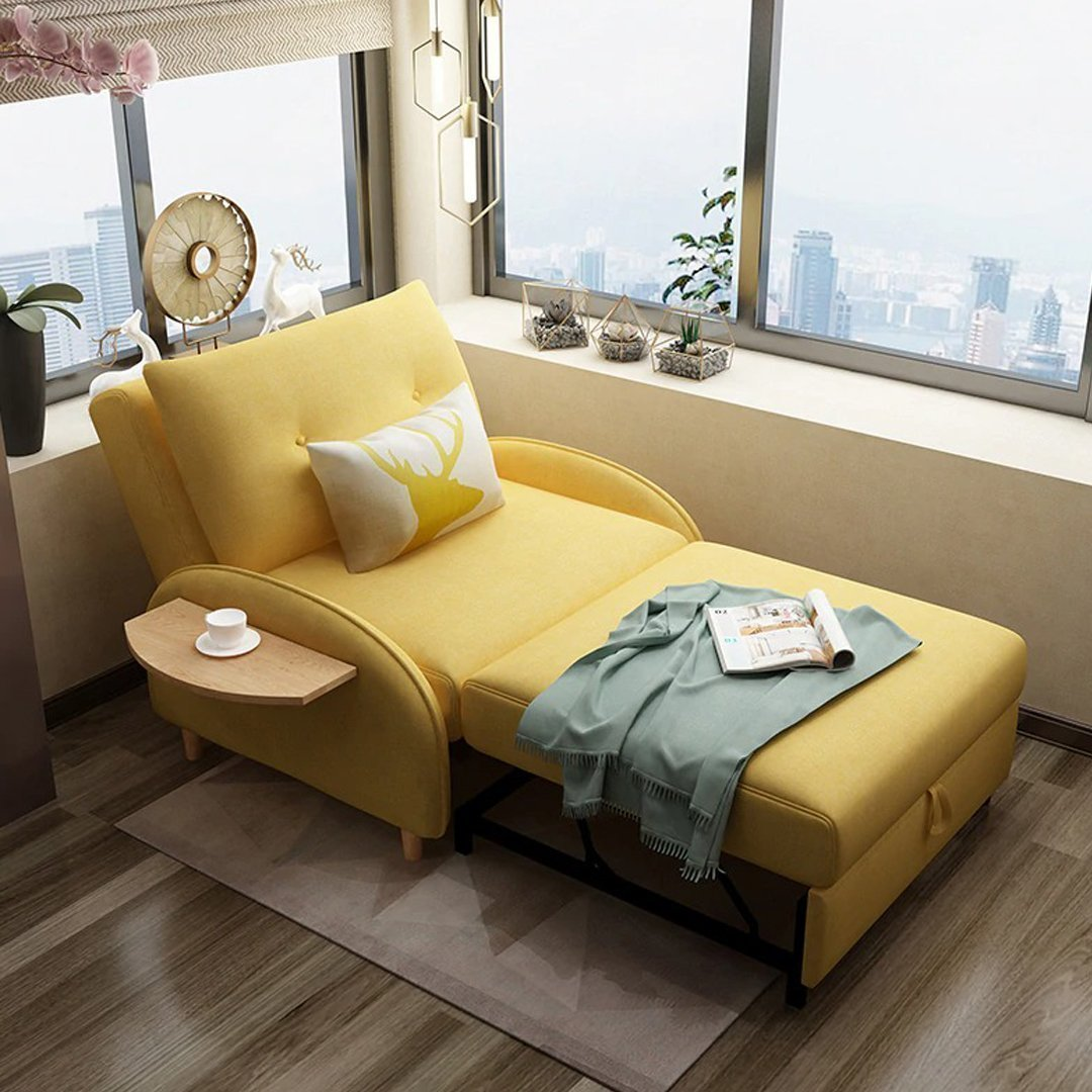 Single Sofa Bed,Folding Fabric Lazy Sofa, Soft And Comfortable Single Recliner Can Stored, 3 Levels of Backrest Angle Adjustment, Suitable for Living Room, Office, Bedroom Sofa,Yellow,1.2M