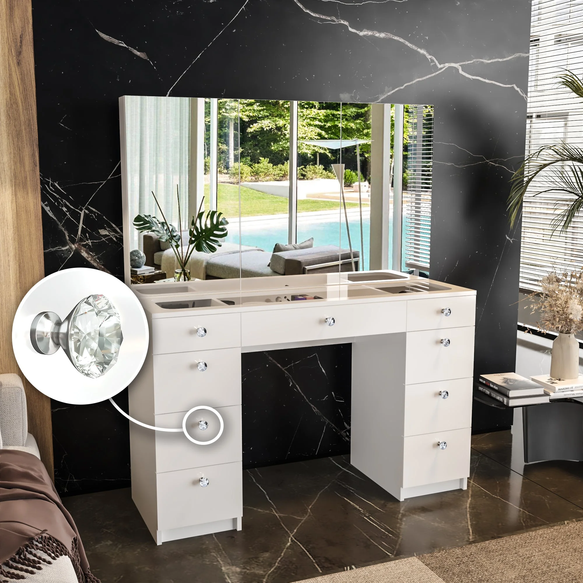 Ember Interiors Modern Vanity Table, 9 Drawers Cabinet Mirrors Crystal Knobs White for Bedroom