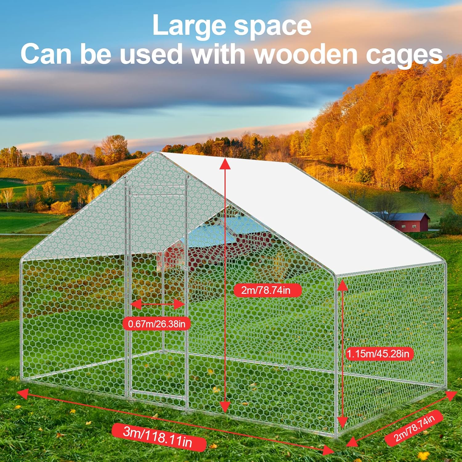 Sonnewelt Freilaufgehege 3x2x2m Hühnerstall Verzinkter Stahl Kleintierstall Hühnerhaus Dach Geflügelstall mit Sonnenschutzdach und Tür für Haustierkäfig Hühnerkäfig Vogelkäfig Kleintiere Pflanzen