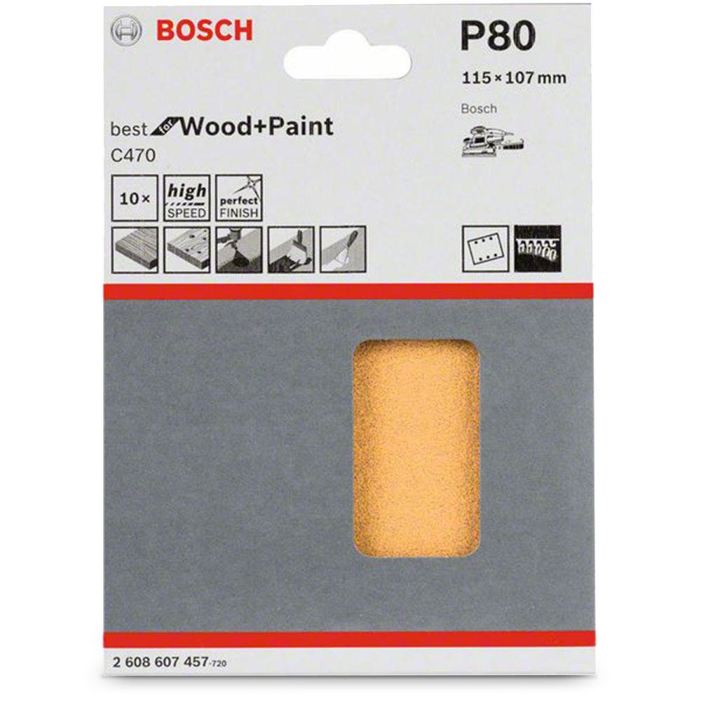 BOSCH 115 x 107mm 80-Grit 6-Hole Hook & Loop Sanding Sheet for Wood & Paint - C470 - 10 Piece