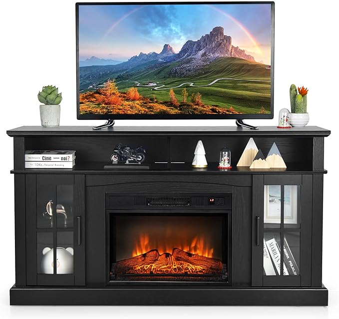 COSTWAY Electric Fireplace TV Stand for TVs Up to 65 Inches, 1400W Heater Insert with Remote Control, 6H Timer, 3-Level Flame, Overheat Protection and CSA Certification, Adjustable Shelves, Grey