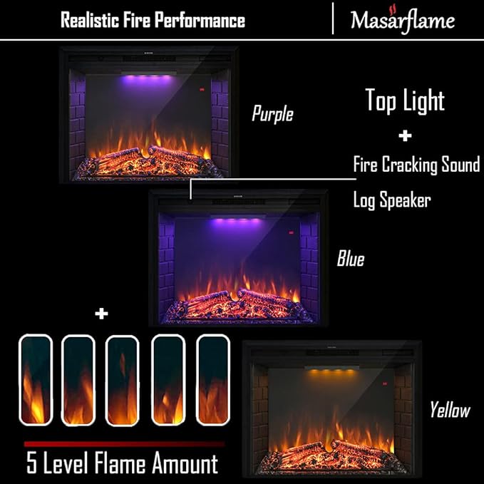 Masarflame 43'' Electric Fireplace Insert, Retro Recessed Fireplace Heater with Fire Cracking Sound, Remote Control & Timer, 750/1500W
