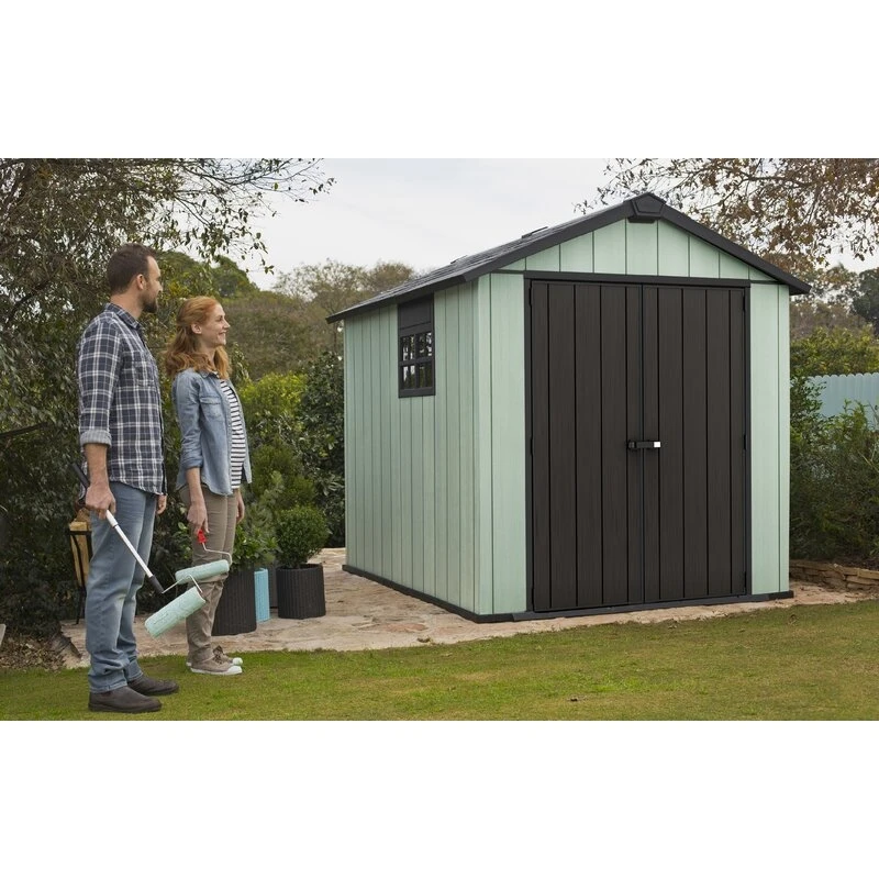 Auckland 7 x 7 ft antique distressed wood storage shed with high ceilings and victorian windows