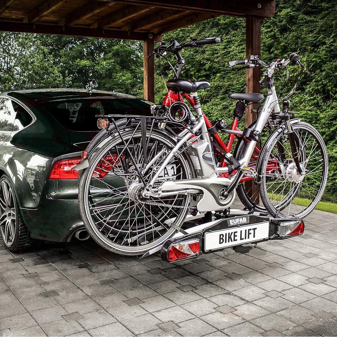 EUFAB 11535 Bicycle Carrier Bike Lift, Suitable for E-Bikes, Fully Pre-Assembled, Electric Lowering, Theft Protection, for 2 Bicycles, for Trailer Coupling, 135 x 74 x 74 cm