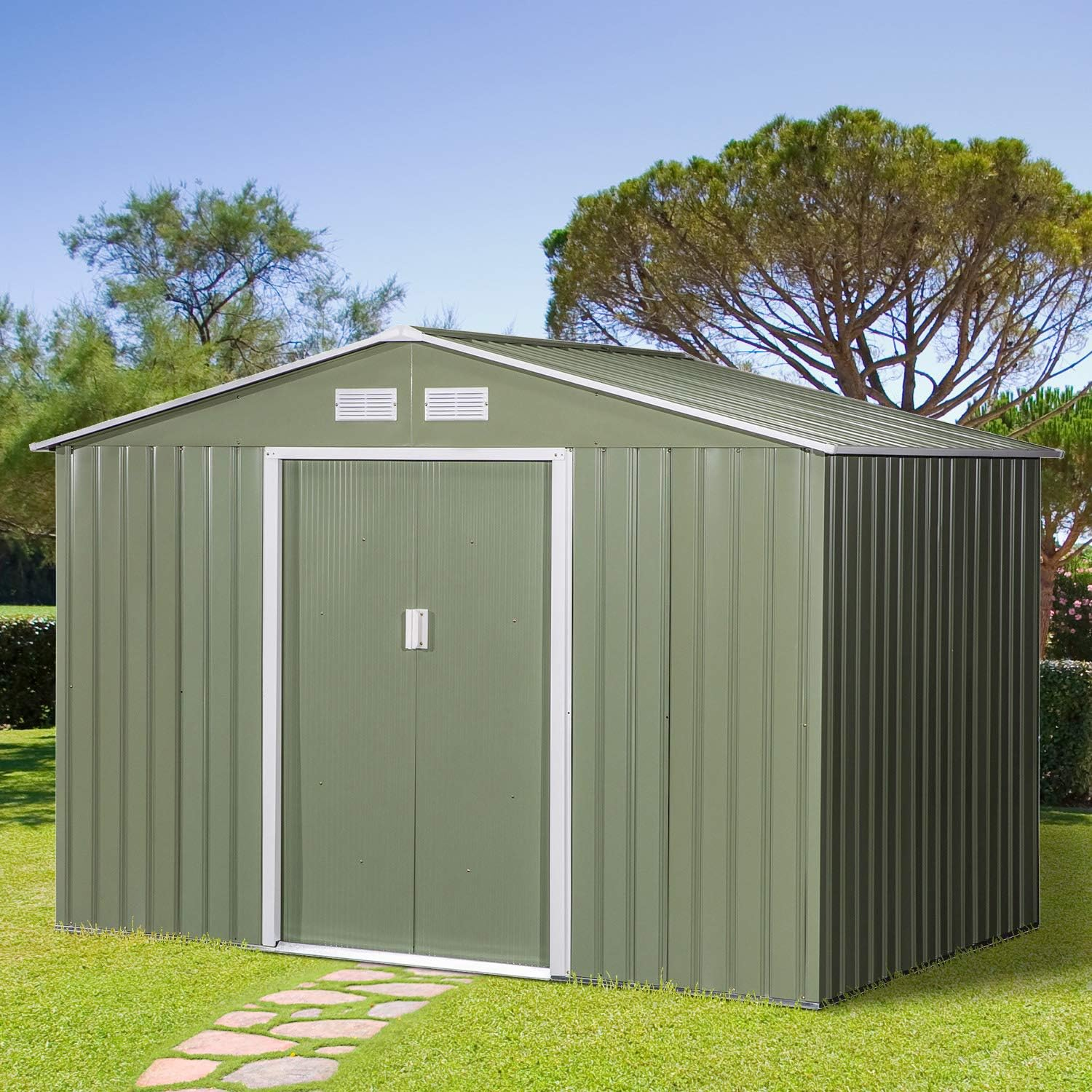 Outsunny 9 x 6ft Garden Metal Storage Shed, Outdoor Storage Tool House with Ventilation Slots, Floor Foundation and Lockable Double Doors, Light Green