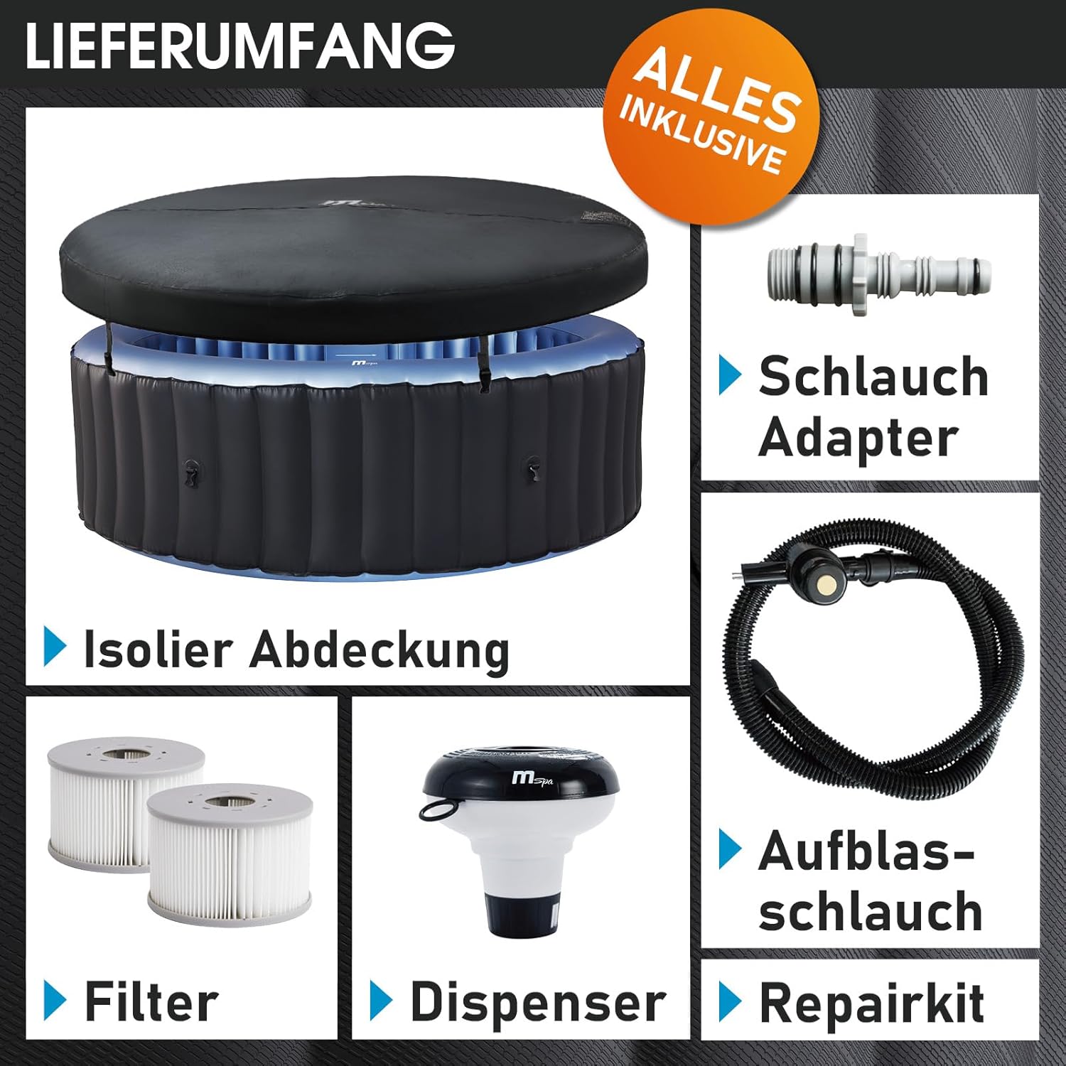 BRAST® MSpa Inflatable Whirlpool, 4-8 People, Many Models, Round and Square, Diameter 125-224 cm