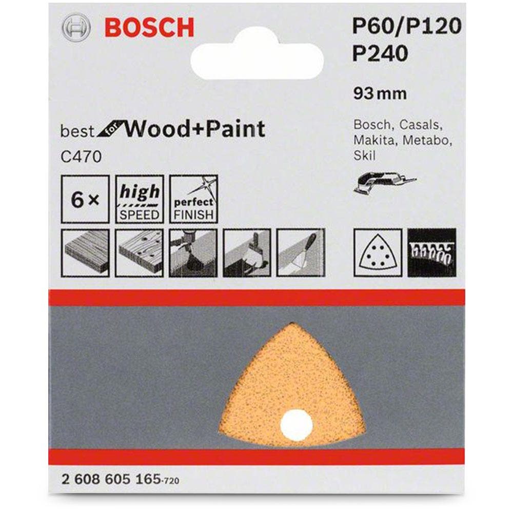 BOSCH 93mm Mixed-Grit 6-Hole Hook & Loop Delta Sanding Sheet for Wood & Paint C470 - 5 Piece