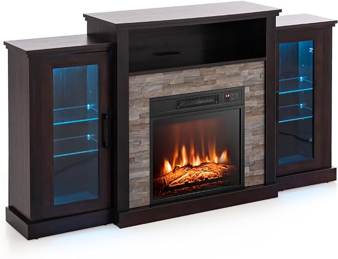GOFLAME Fireplace TV Stand with LED Lights for TV up to 65”, Entertainment Center with 18” Electric Fireplace, Remote & APP Control, TV Console with Adjustable Glass Shelves