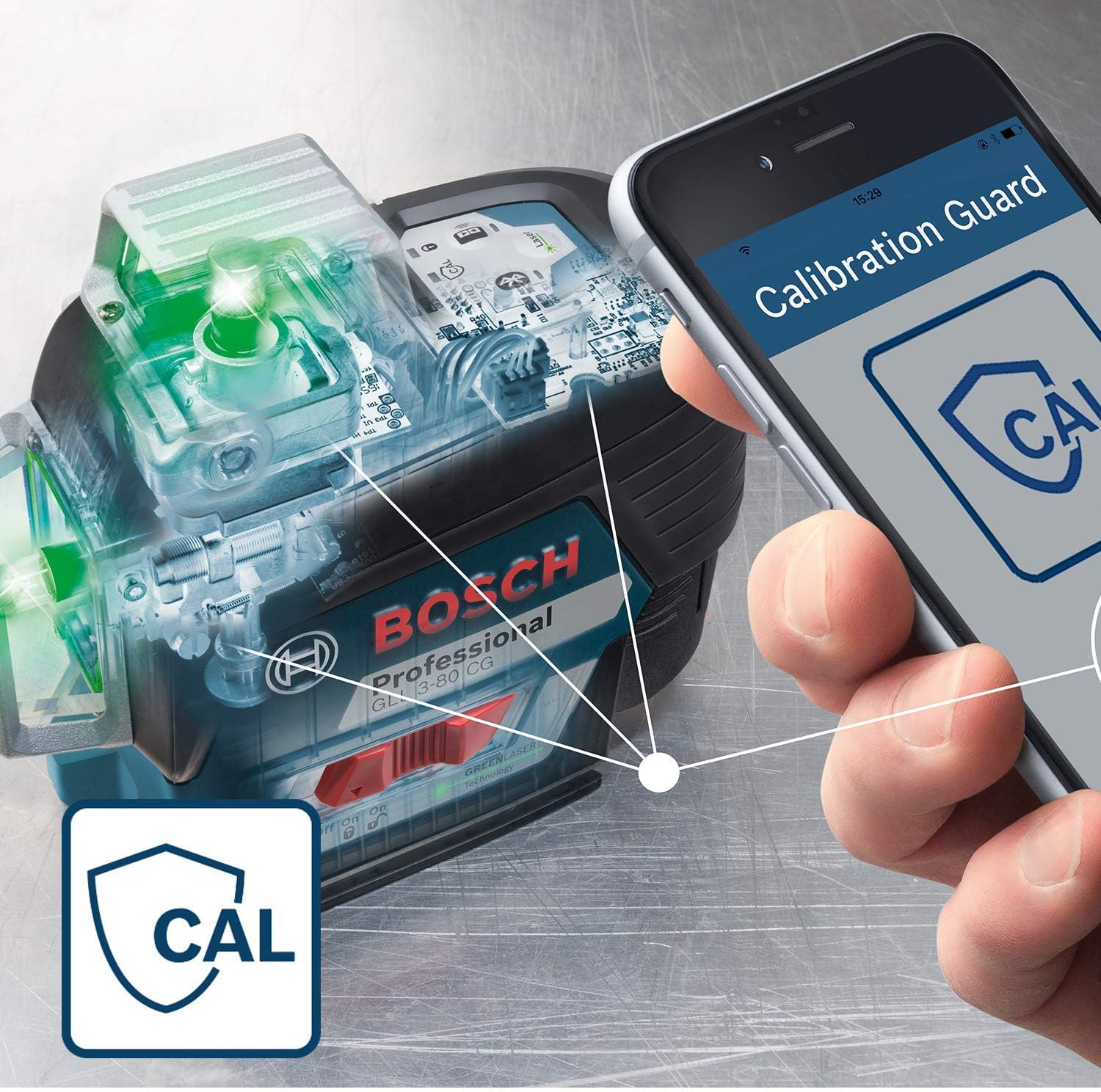 Bosch Professional 12V System Niveau Laser Lignes GLL 3-80 CG (1 batterie 12V, laser vert, pour l'intérieur, avec fonction d'application, portée : jusqu’à 30 m, support universel BM 1, L-BOXX)