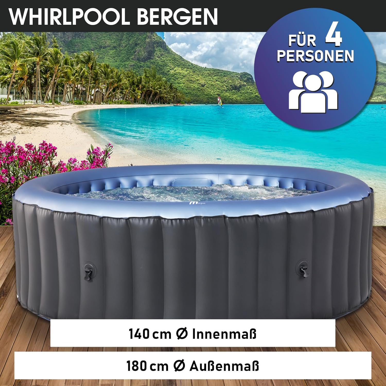 BRAST® MSpa Inflatable Whirlpool, 4-8 People, Many Models, Round and Square, Diameter 125-224 cm, Indoor, Outdoor Pool, Up to 144 Massage Jets, Includes Inflation Function Cover, Timer Heating, Bergen