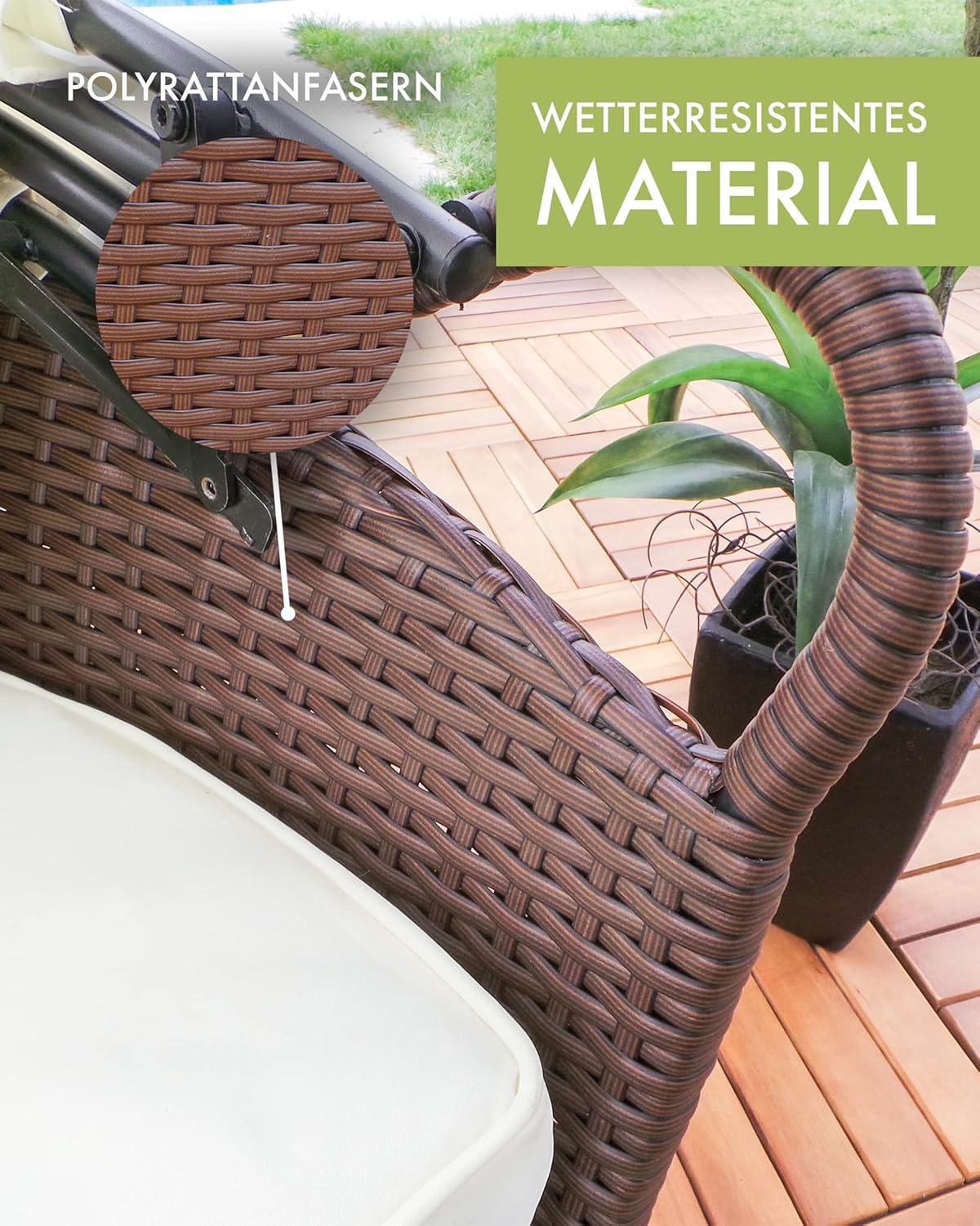 Polyrattan Sun Island with LED Lighting + Solar Module, Rattan Garden Lounger, Sun Bed with Rain Cover