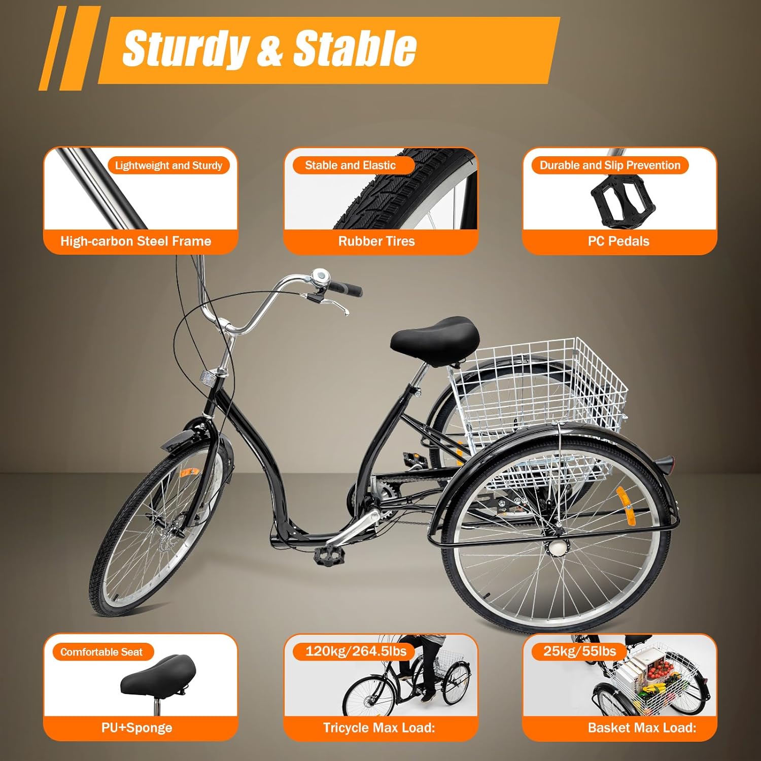 26 Zoll 3 Rad Dreirad mit Einkaufskor