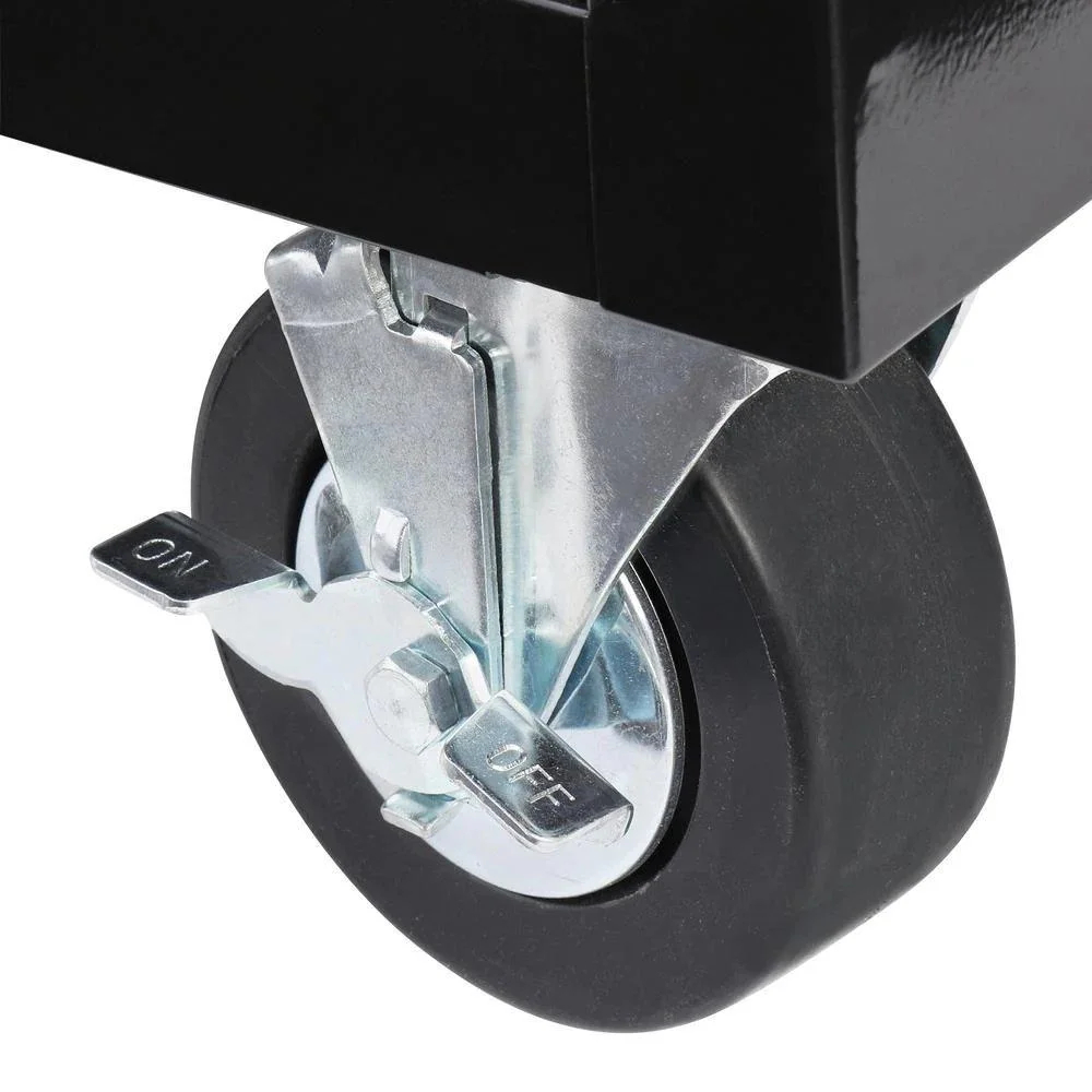 62-inch 14-drawer mobile workbench, solid wood top, black