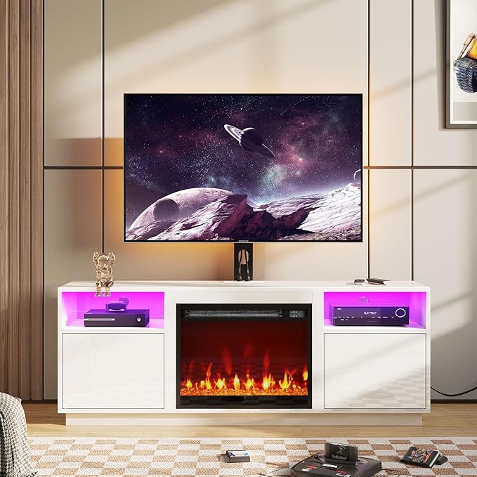 Rolanstar Fireplace TV Stand with Led Lights and Power Outlets, Entertainment Center with Electric Fireplace, Swivel TV Stand Mount for 45/55/60/65 inch TVs, Height Adjustable TV Console