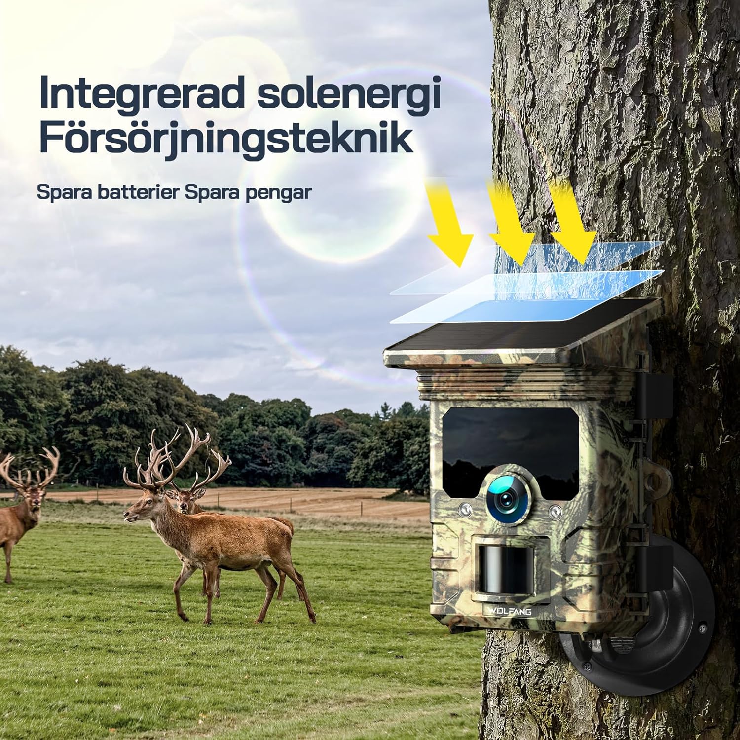 WOLFANG Wildlife Solar Camera 4K 30fps 46MP, WiFi Bluetooth Track Camera with Night Vision Motion Activated 0.1s Trigger Time IP66 Waterproof Gaming Camera for Wildlife Surveillance Micro
