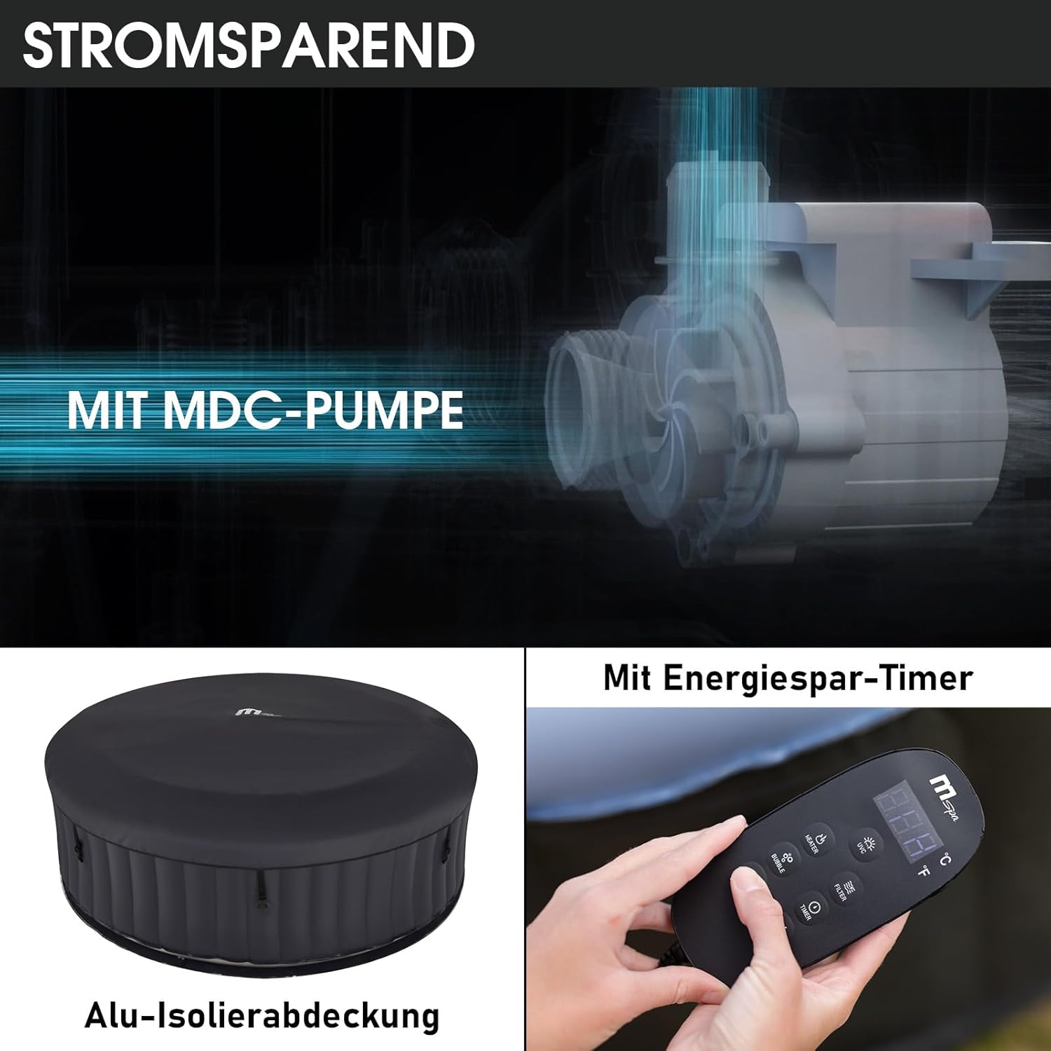 BRAST® MSpa Inflatable Whirlpool, 4-8 People, Many Models, Round and Square, Diameter 125-224 cm, Indoor, Outdoor Pool, Up to 144 Massage Jets, Includes Inflation Function Cover, Timer Heating, Bergen