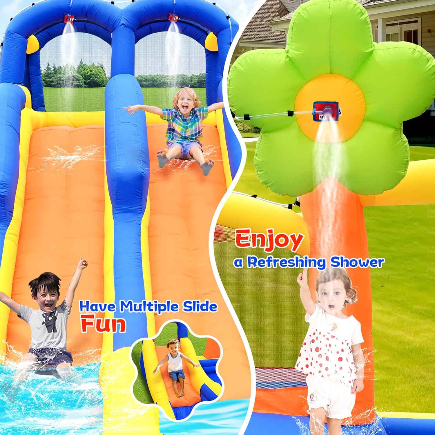 Inflatable Water 3 Slides Park with Blower, Inflatable Bounce House with Climbing Wall, Water Cannon, Dartboard, Flower Sprayer and Deep Pool