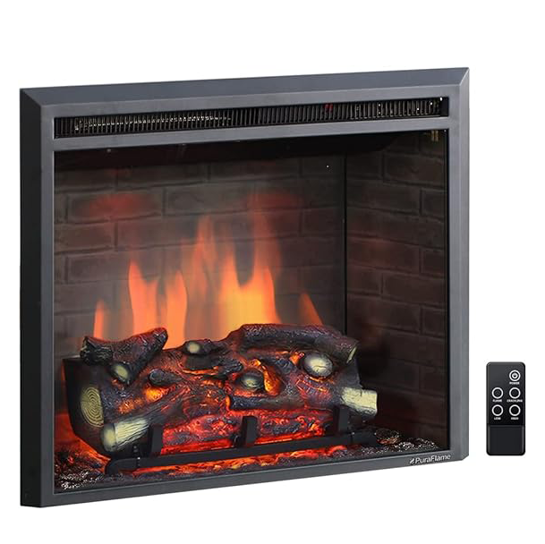 PuraFlame Western Electric Fireplace Insert with Fire Crackling Sound, Remote Control, 750/1500W, Black, 22 53/64 Inches Wide, 20 3/64 Inches High