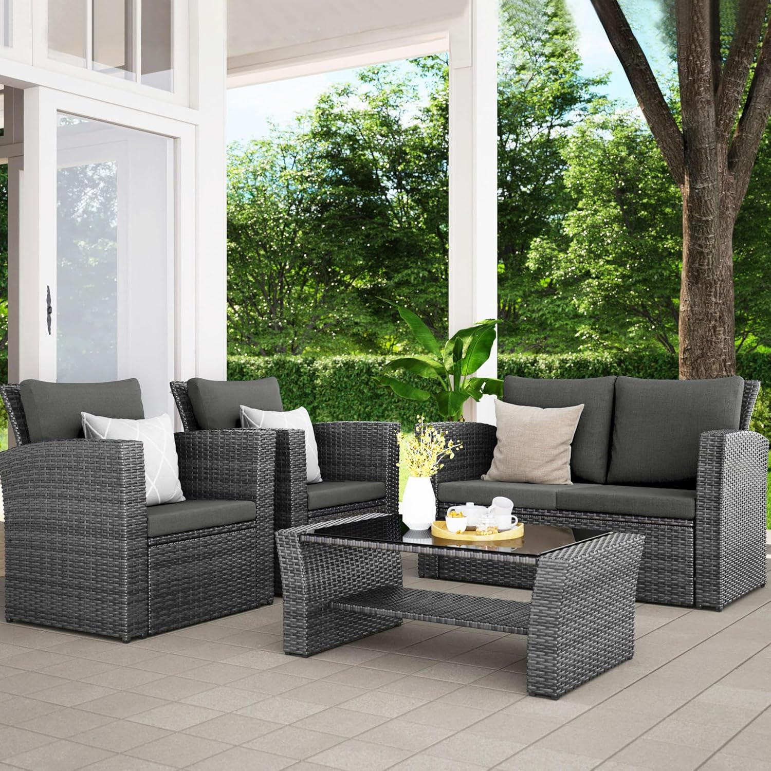 Wisteria Lane 4 Piece Outdoor Patio Furniture Sets, Wicker Conversation Set for Porch Deck, Grey Rattan Sofa Chair with Cushion
