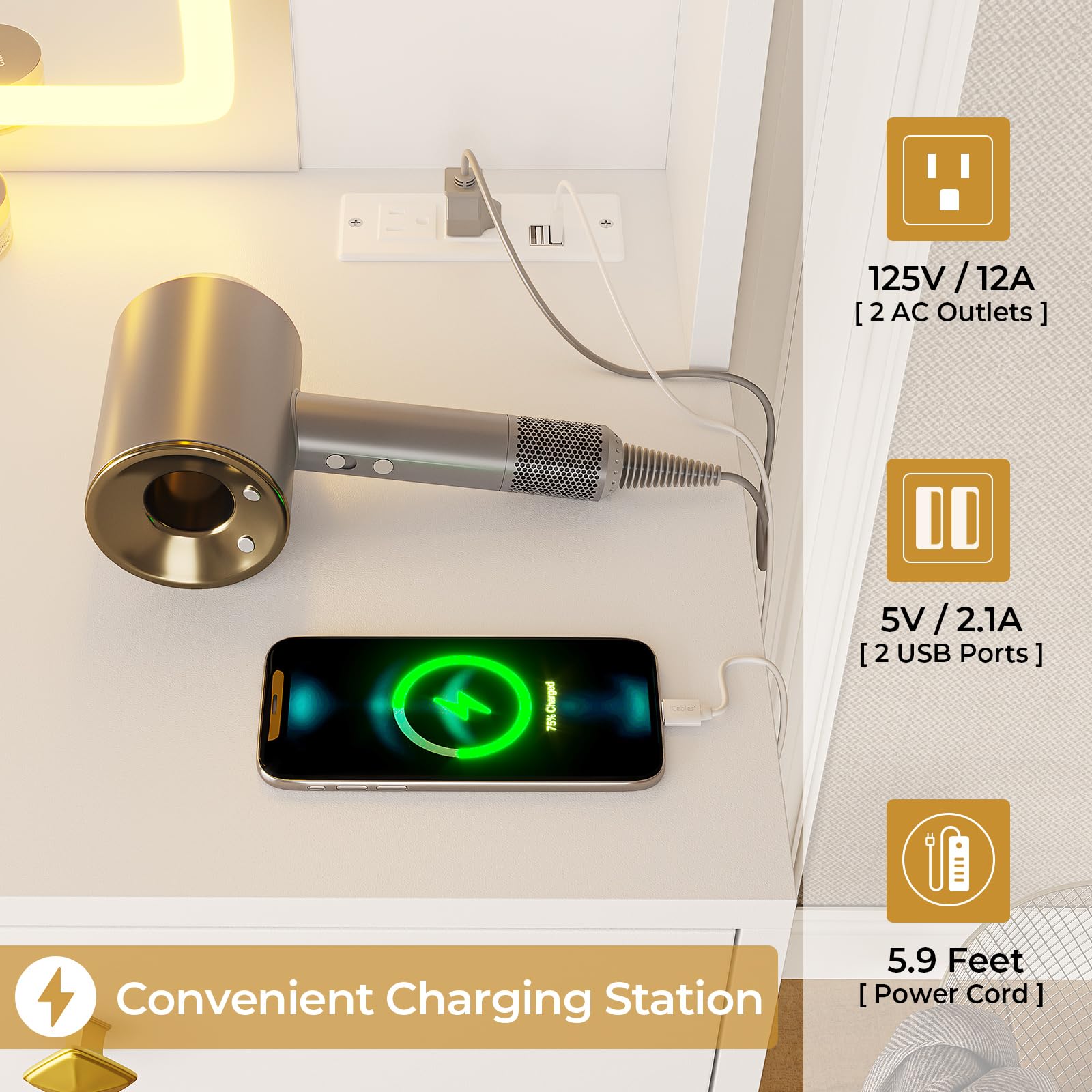 Afuhokles Vanity with Lighted Mirror and Charging Station, Makeup Table with Jewelry Armoire, Full Length Mirror, RGB Cabinet