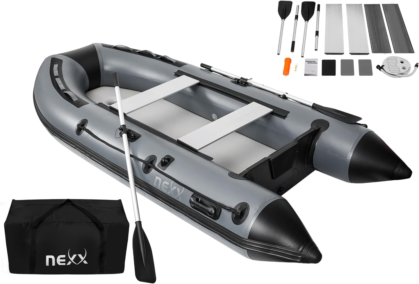 NEXX Professional Inflatable Boat 330 cm with Air Bottom with Carry Bag, 2 Paddles and Repair Kit Light Grey