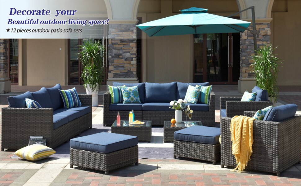 Outdoor Patio Furniture 12 Pcs Set ,Pe Rattan Wicker Sectional With 4 Pillows And Furniture Cover, No Assembly Required