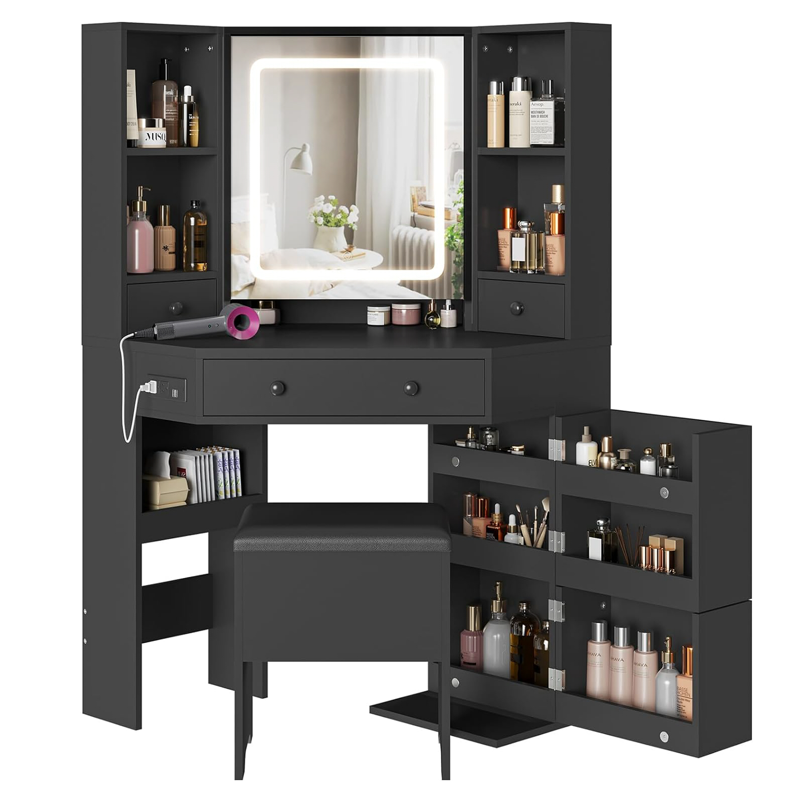 Makeup Corner Vanity Desk with Mirror and Lights and Charging Station,Black Vanity Set table Dressing with Drawers&Storage Stool&Rotating Shelves for Girls Women