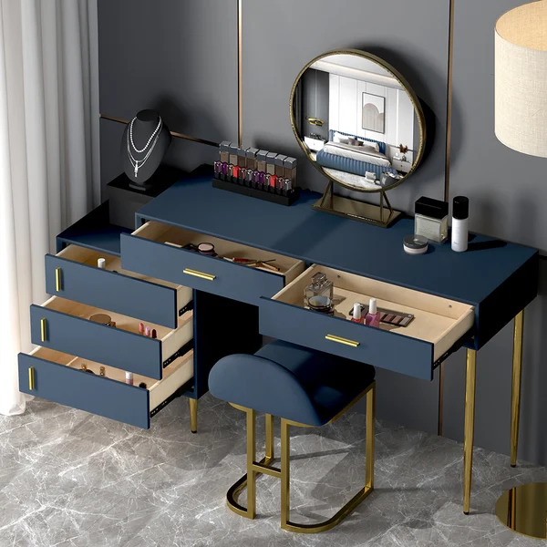 Modern Blue Makeup Vanity Set Retracted Dressing Table Cabinet&Stool&Mirror Included