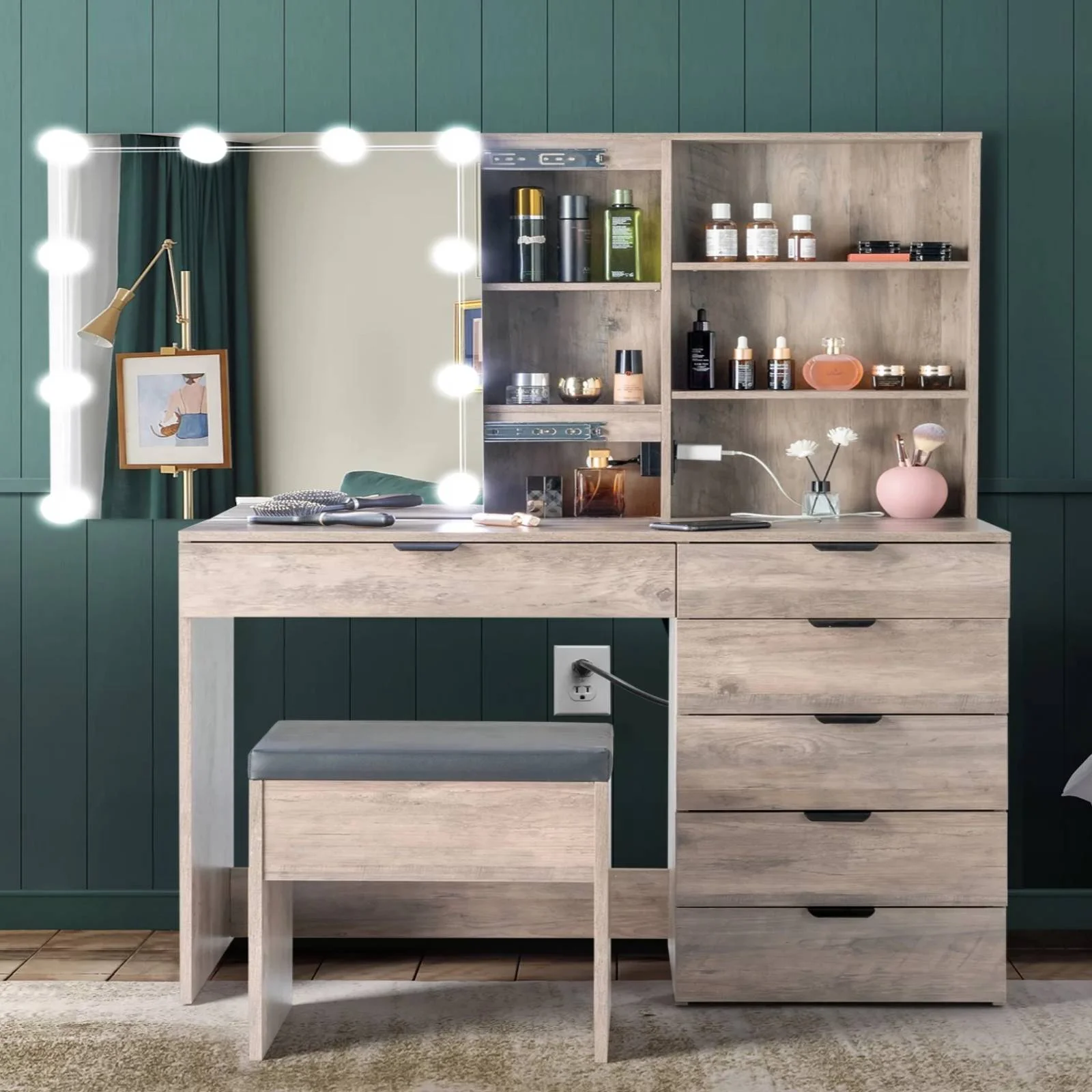 Ktaxon Vanity Table Set with USB Charging Stationfor Bedroom Makeup Dressing Table with Sliding Mirror,3 Color Light