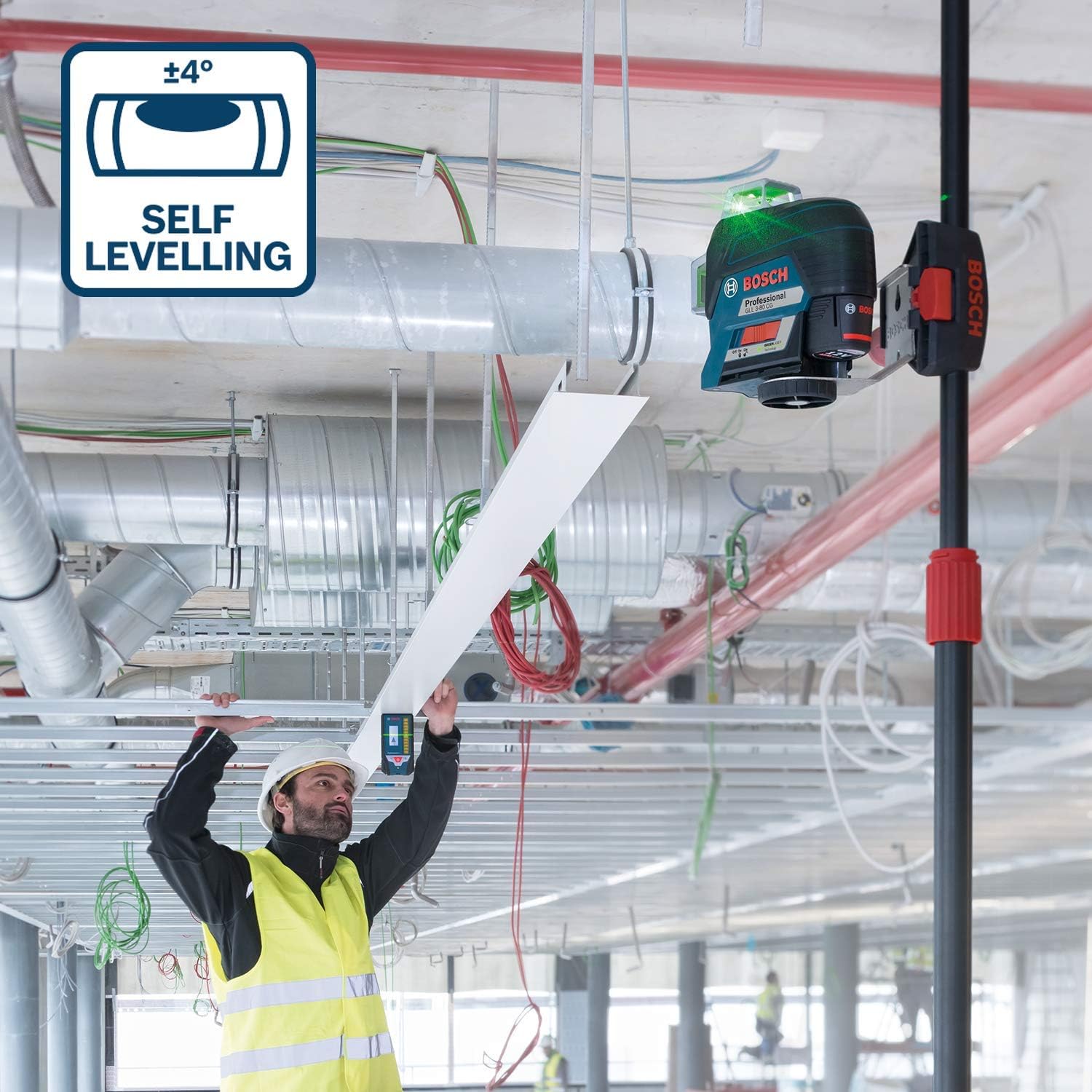 Bosch Professional 12V System Niveau Laser Lignes GLL 3-80 CG (1 batterie 12V, laser vert, pour l'intérieur, avec fonction d'application, portée : jusqu’à 30 m, support universel BM 1, L-BOXX)