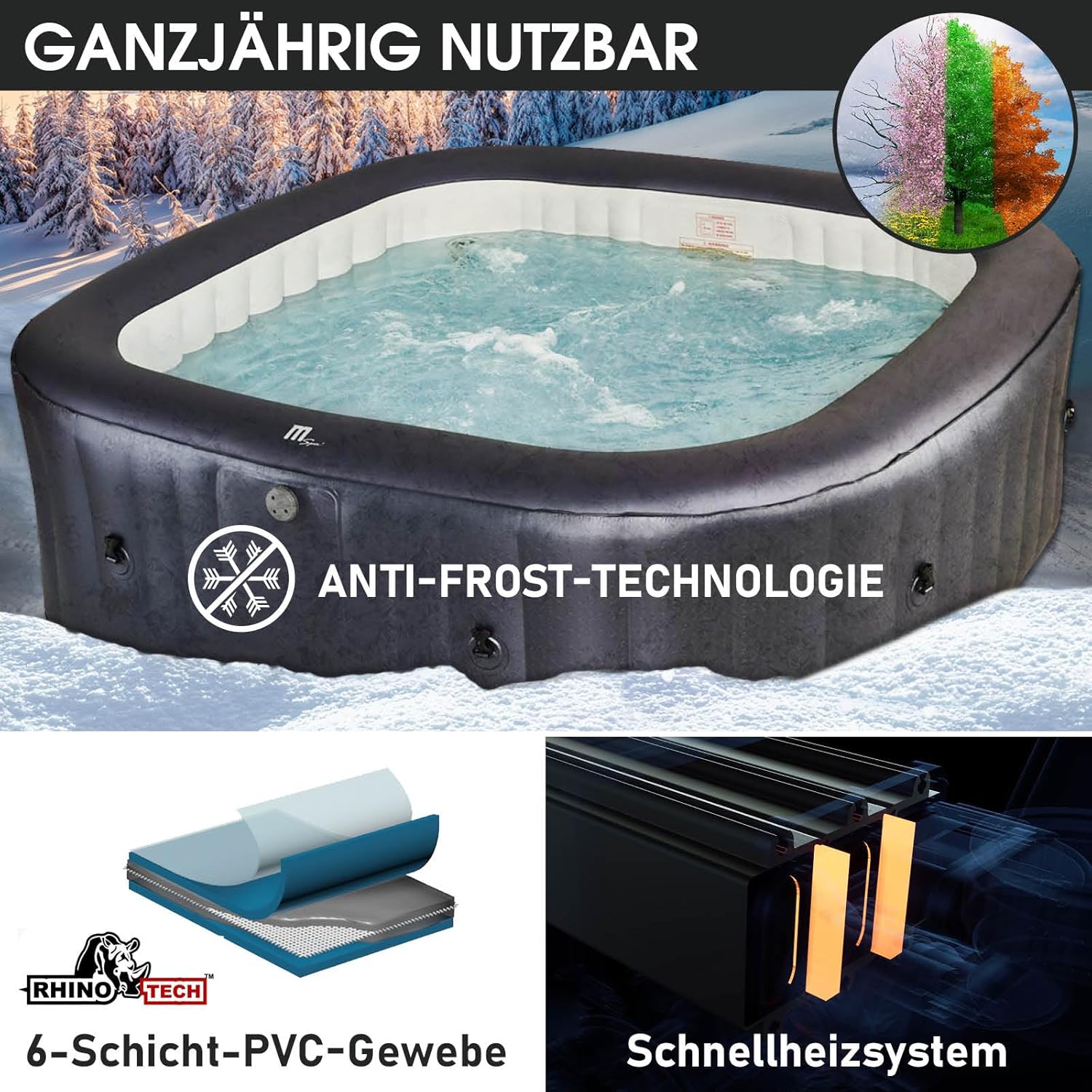 BRAST® MSpa Inflatable Whirlpool, 4-8 People, Many Models, Round and Square, Diameter 125-224 cm