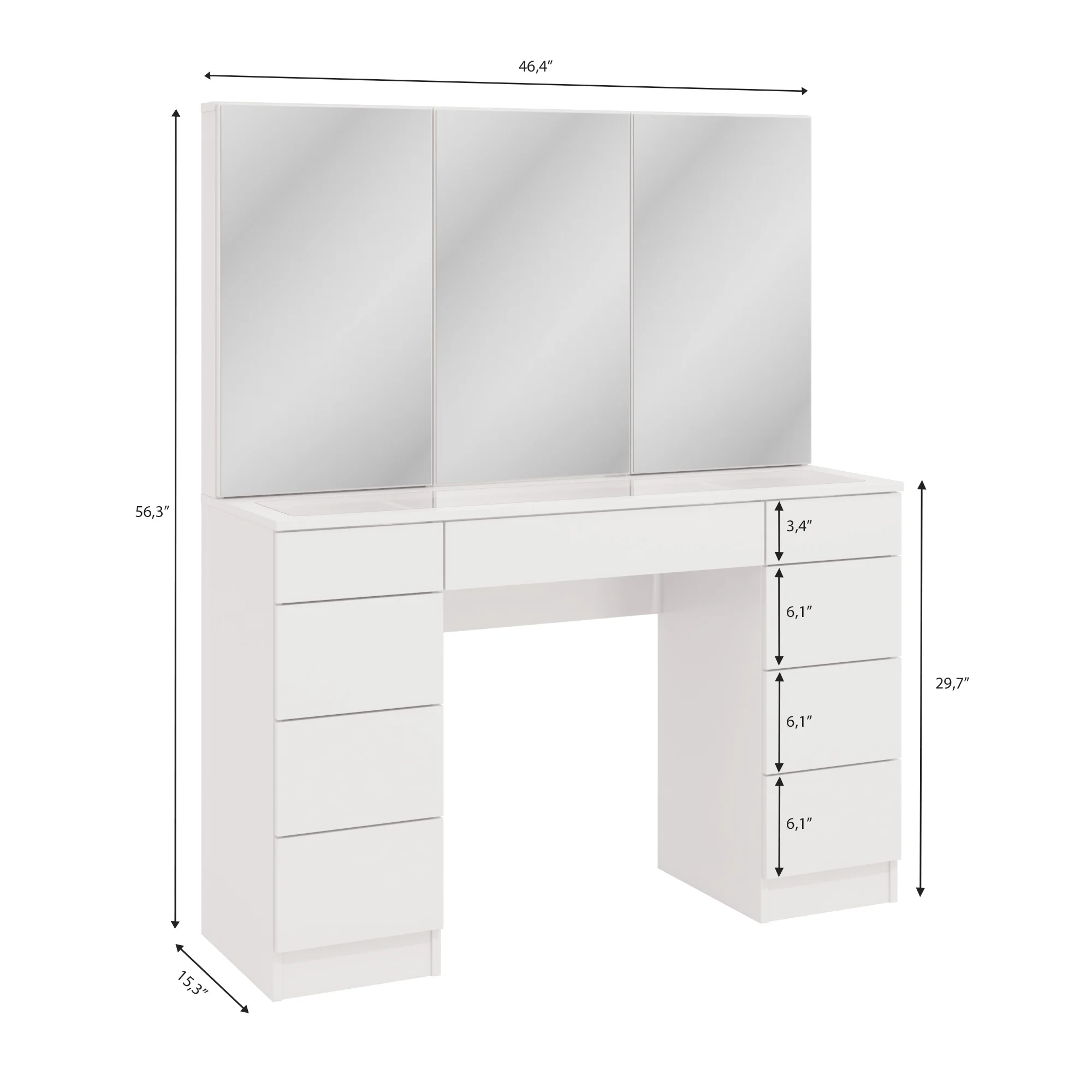 Ember Interiors Modern Vanity Table, 9 Drawers Cabinet Mirrors Crystal Knobs White for Bedroom