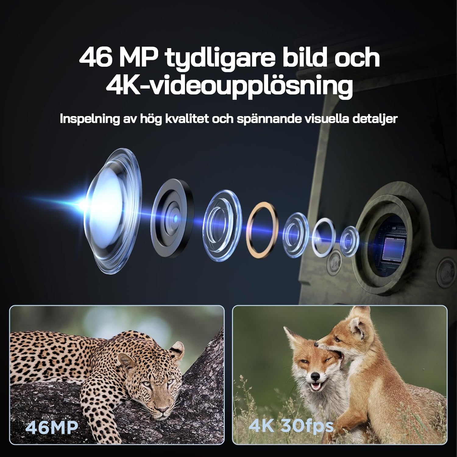 WOLFANG Wildlife Solar Camera 4K 30fps 46MP, WiFi Bluetooth Track Camera with Night Vision Motion Activated 0.1s Trigger Time IP66 Waterproof Gaming Camera for Wildlife Surveillance Micro